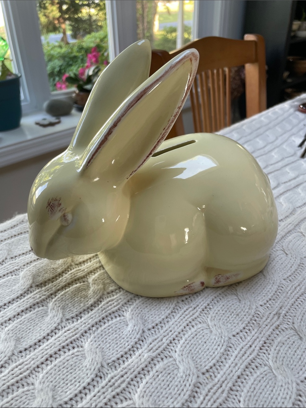 Nantucket Yellow Ceramic Bunny Bank with brown detailing on feet nose ears.
